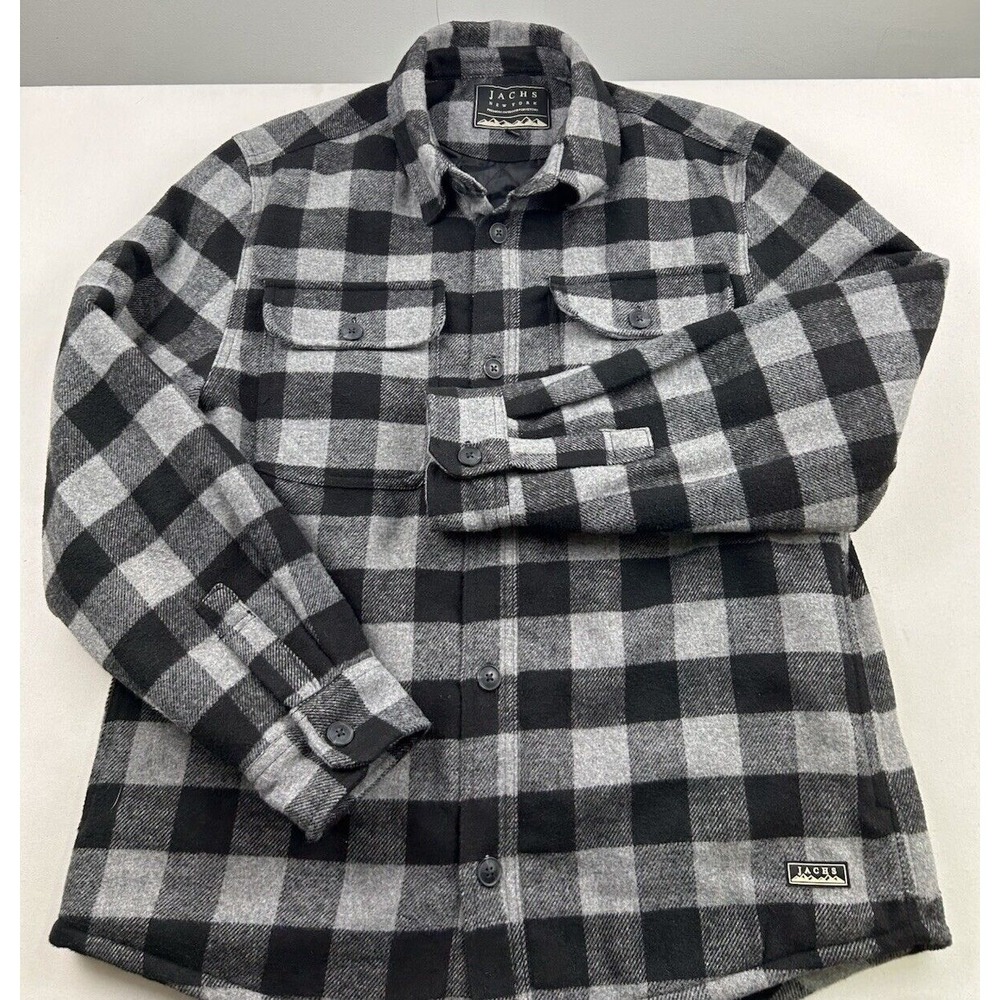 Jachs New York Mens Large Flannel Shirt Wool Blend Black Gray Plaid Shacket